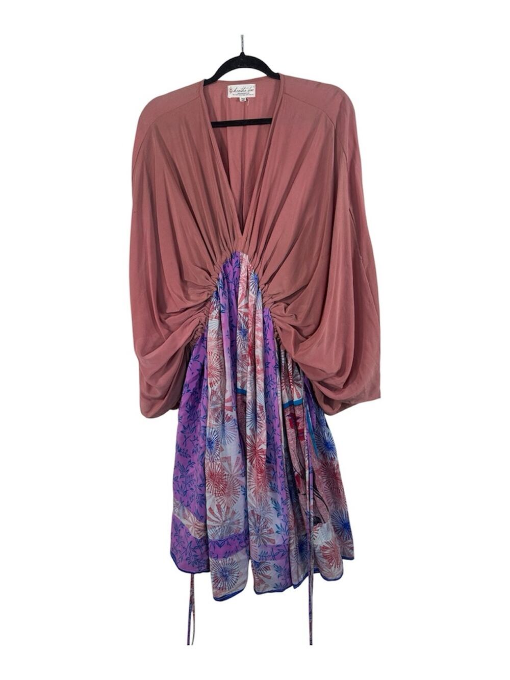 Kantha Bae Upcyled Vintage Silk Eclipse Mini Dress Womens Boho Unique Batwing